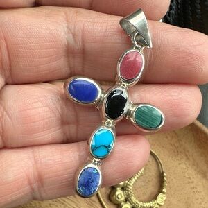 925 Mexico Multistone Cross Pendant - Pink, Blue, Black, Green, Turquoise